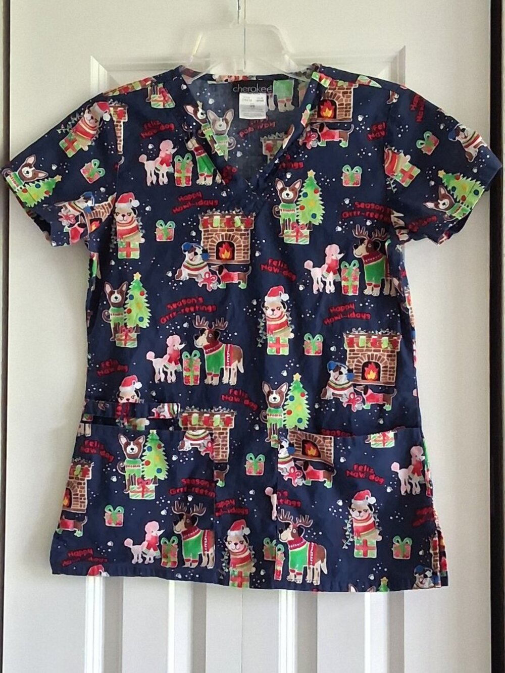 Cherokee Christmas Holiday Dog-Themed Scrub Top Women's Size XS